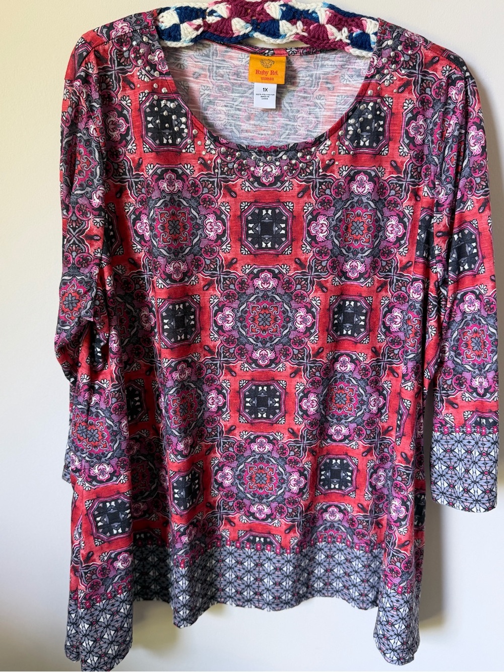 Ruby Rd. Red and Pink Tile-Print Scoop Neck Long Sleeve Top